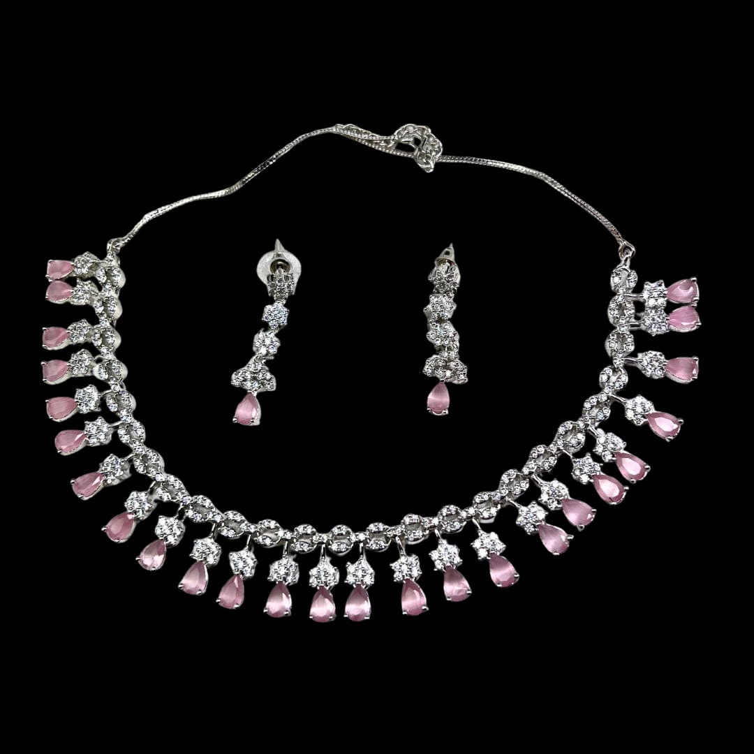 Exquisite American Diamond Necklace and Earrings Set with Pink Drops