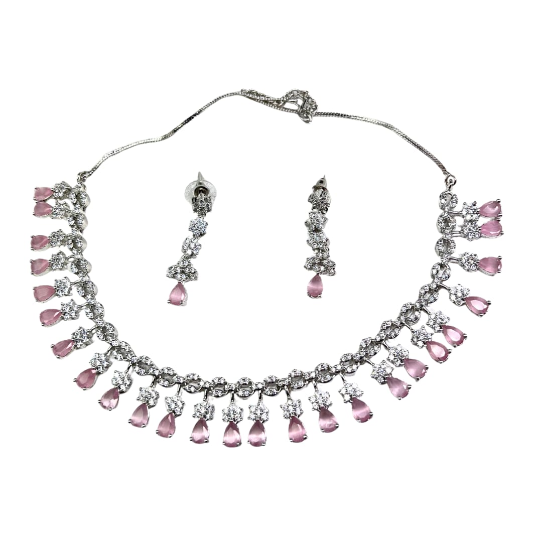 Exquisite American Diamond Necklace and Earrings Set with Pink Drops