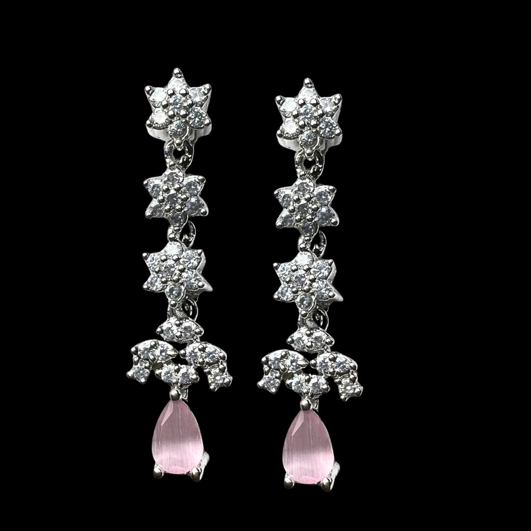 Exquisite American Diamond Necklace and Earrings Set with Pink Drops