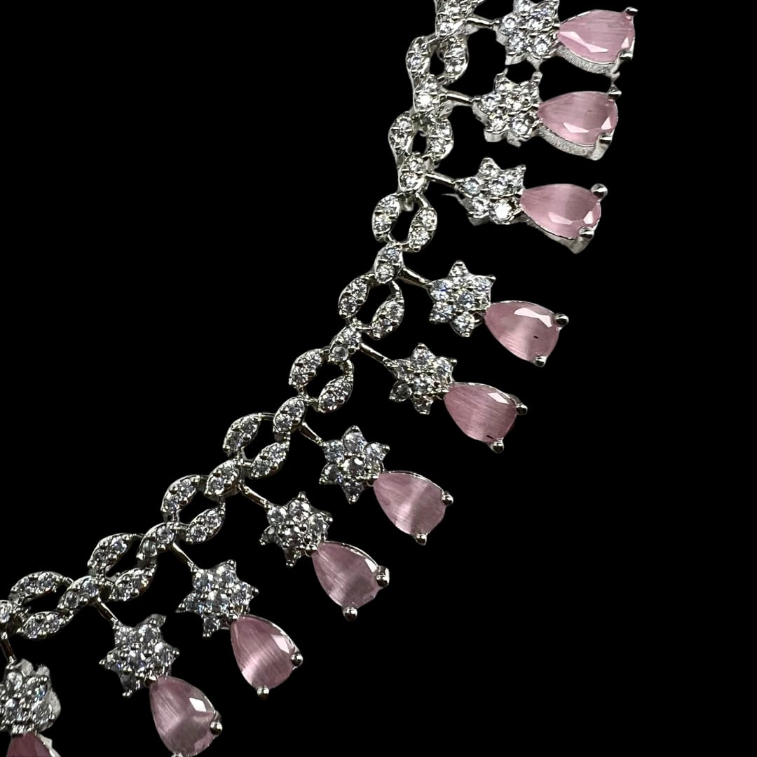 Exquisite American Diamond Necklace and Earrings Set with Pink Drops