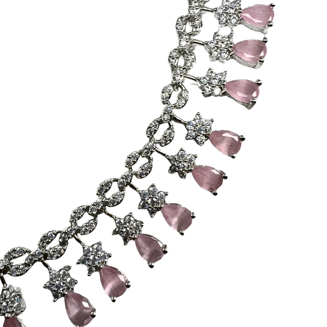 Exquisite American Diamond Necklace and Earrings Set with Pink Drops