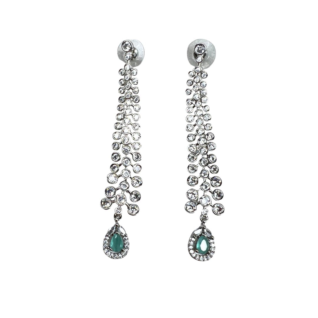 Elegant Cascading American Diamond Earrings with Mint Green Accents