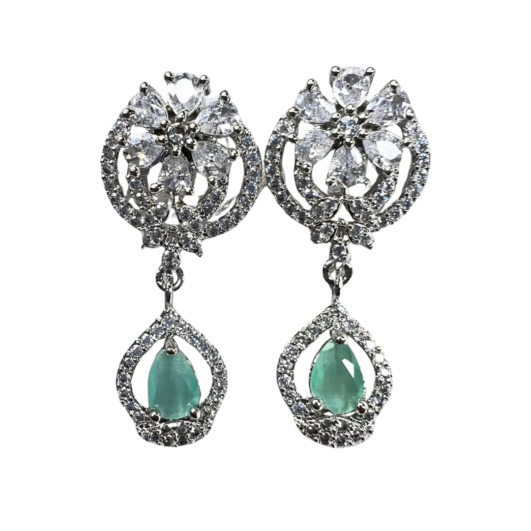Delicate Mint Green & AD Earrings: A Touch of Floral Charm