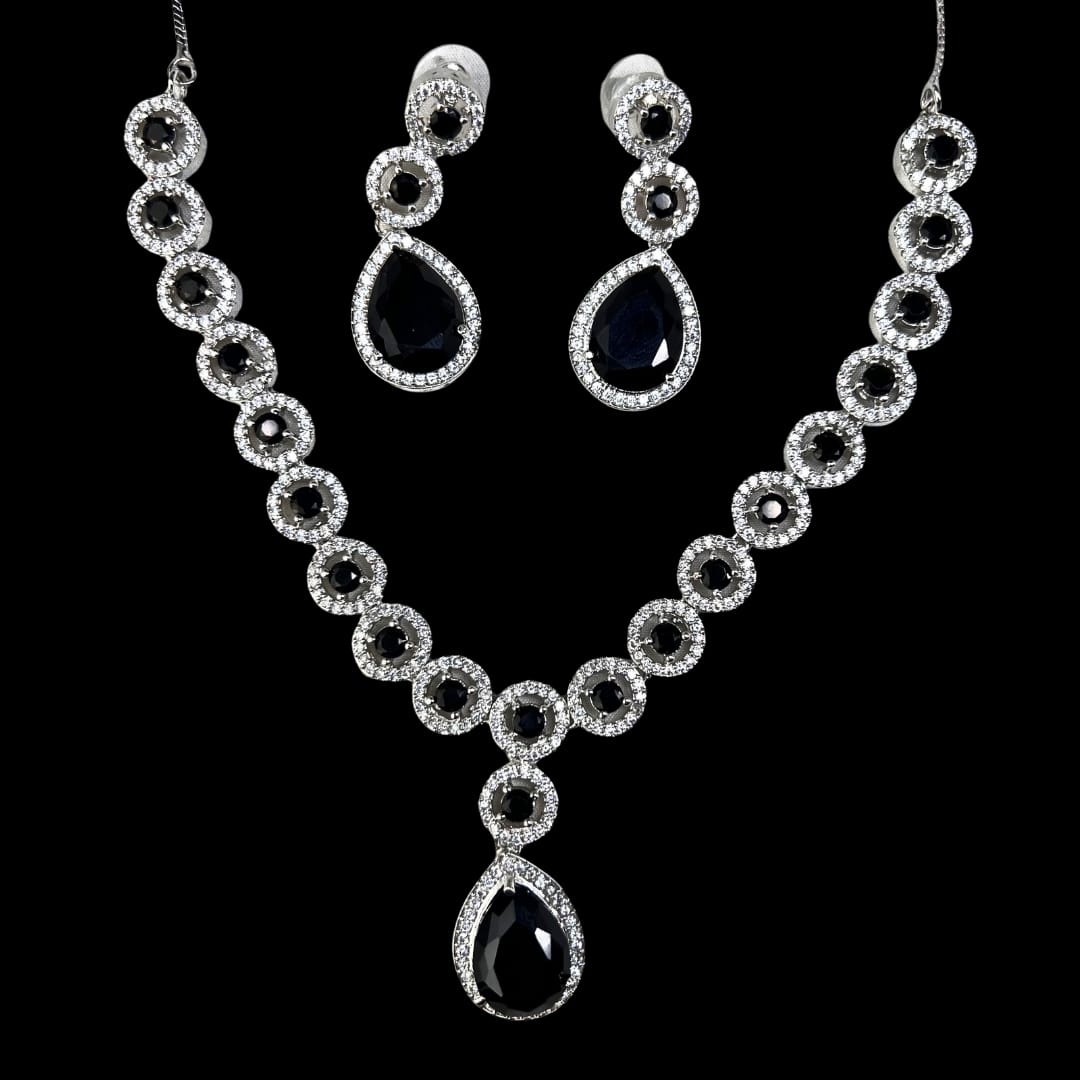 Alluring American Diamond Necklace Set with Black Stones