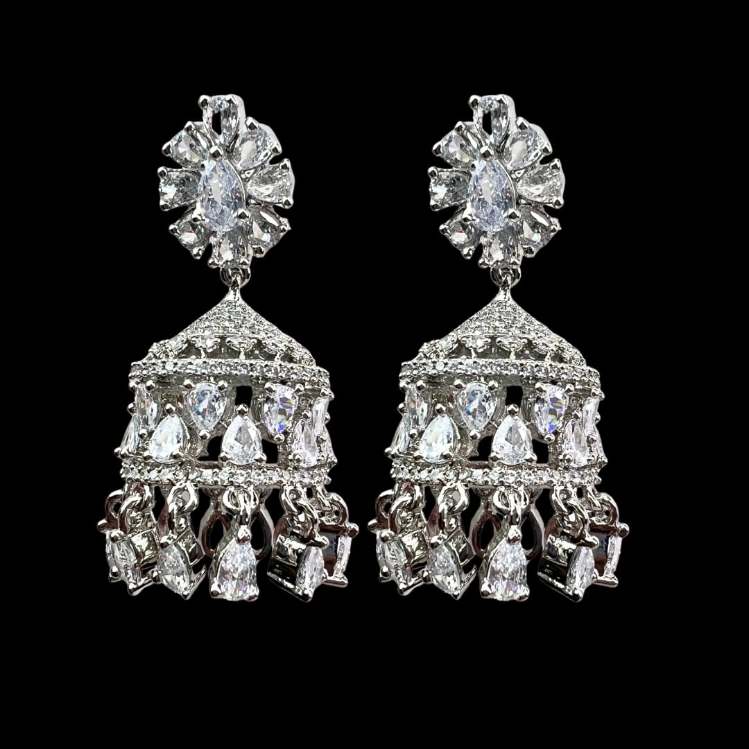 Silver & White American Diamond Jhumka with Floral Stud – Dazzling Party Wear