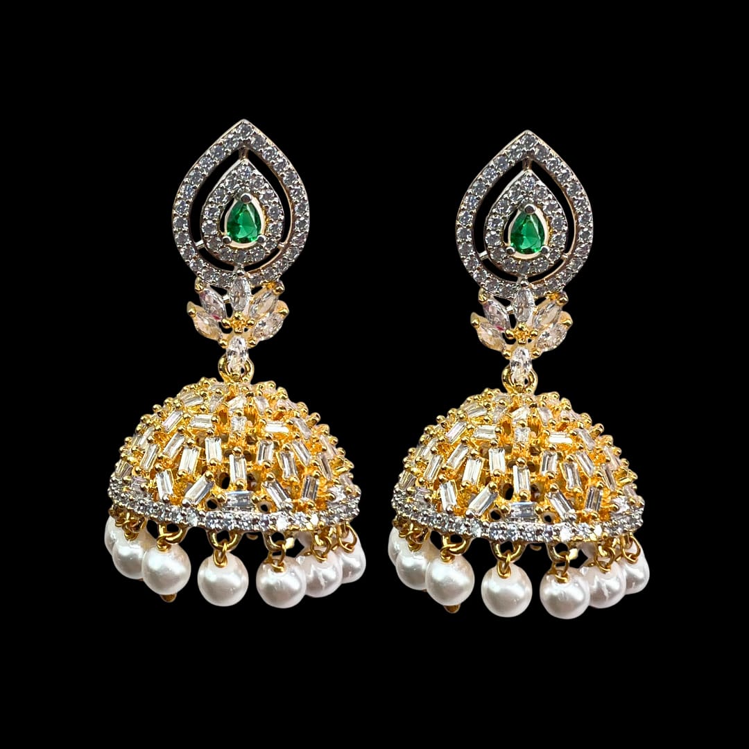 Majestic Gold-Toned American Diamond Jhumka with Emerald and Pearl Accents