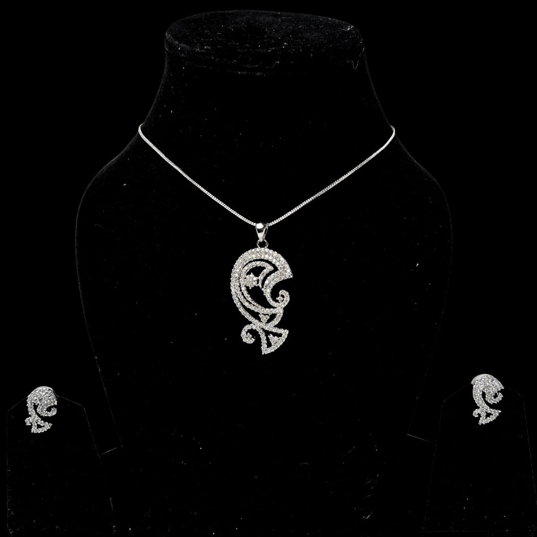 Elegant Paisley-Inspired American Diamond Pendant & Earrings Set – A Fusion of Tradition and Modern Glamour