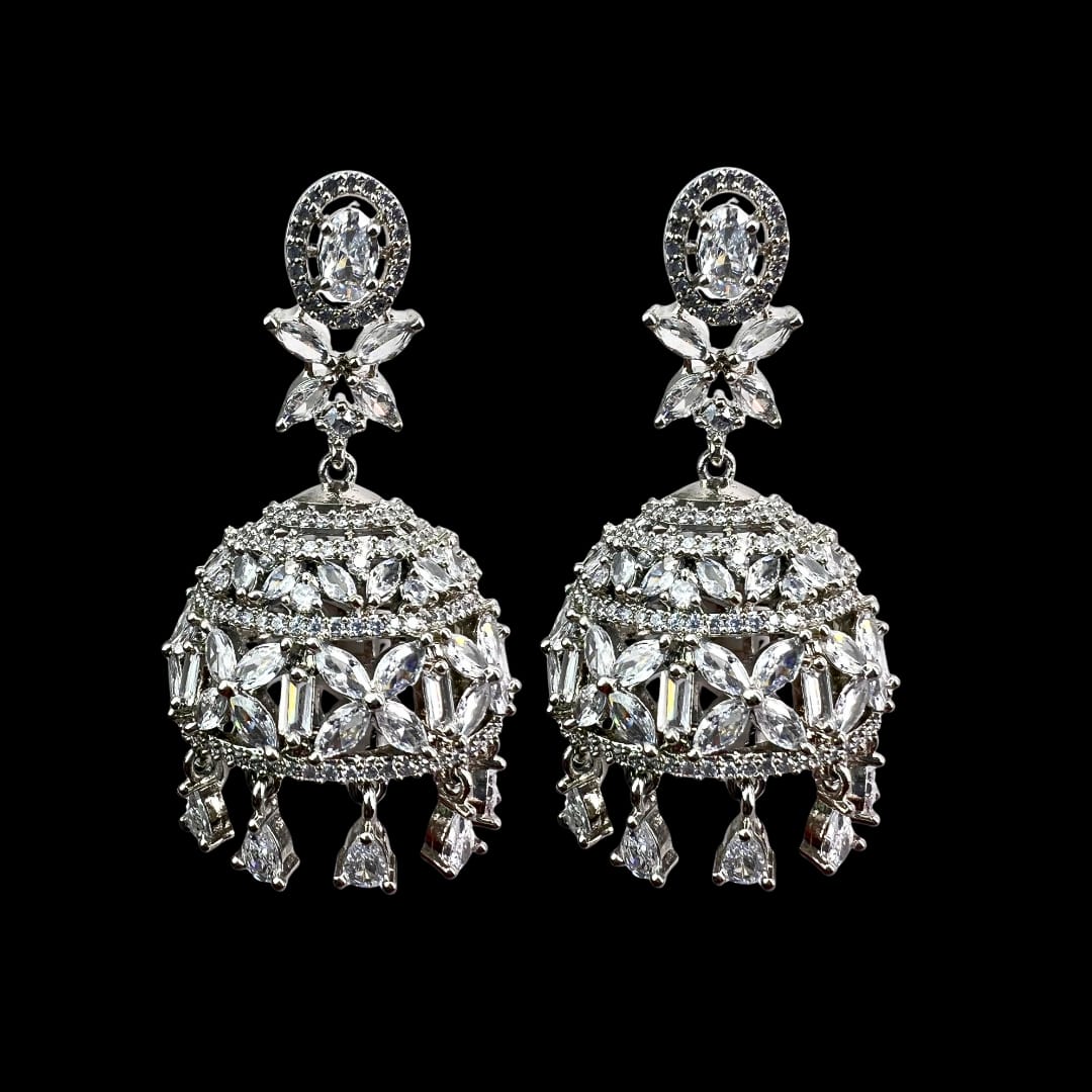 Dazzling Silver American Diamond Earrings with Floral & Marquise AD Work
