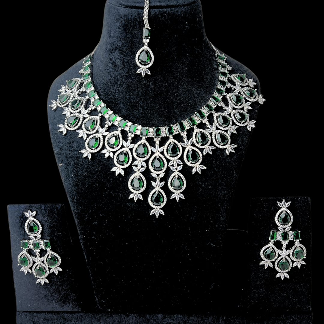 Glamorous Green American Diamond Necklace with mangteeka and earring set