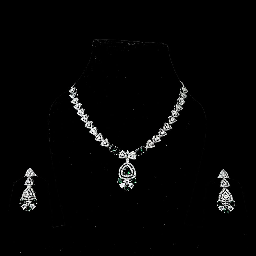 Elegant Green American Diamond Necklace and Earrings Set