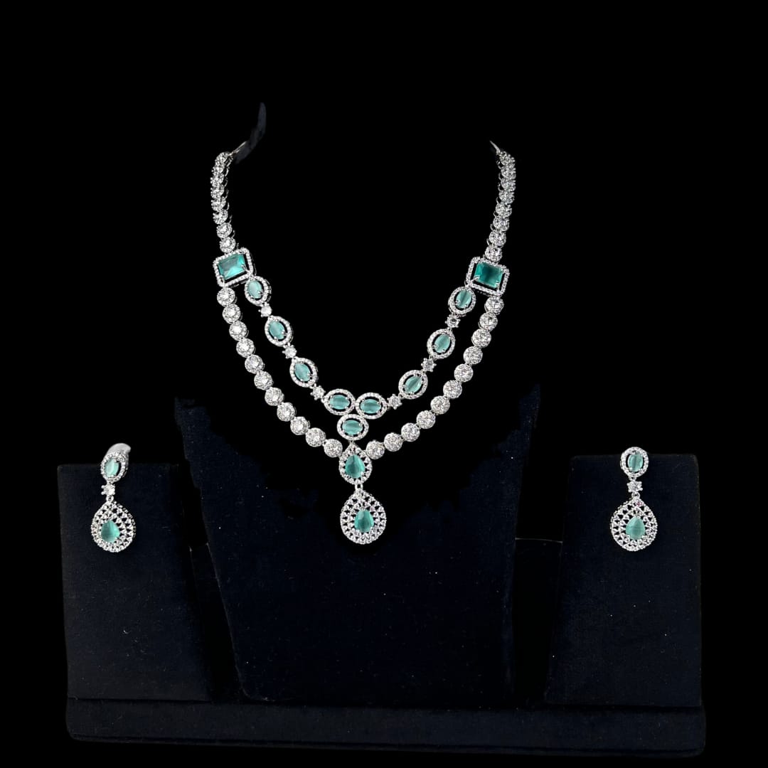 Elegant Mint Green American Diamond Necklace and earring set