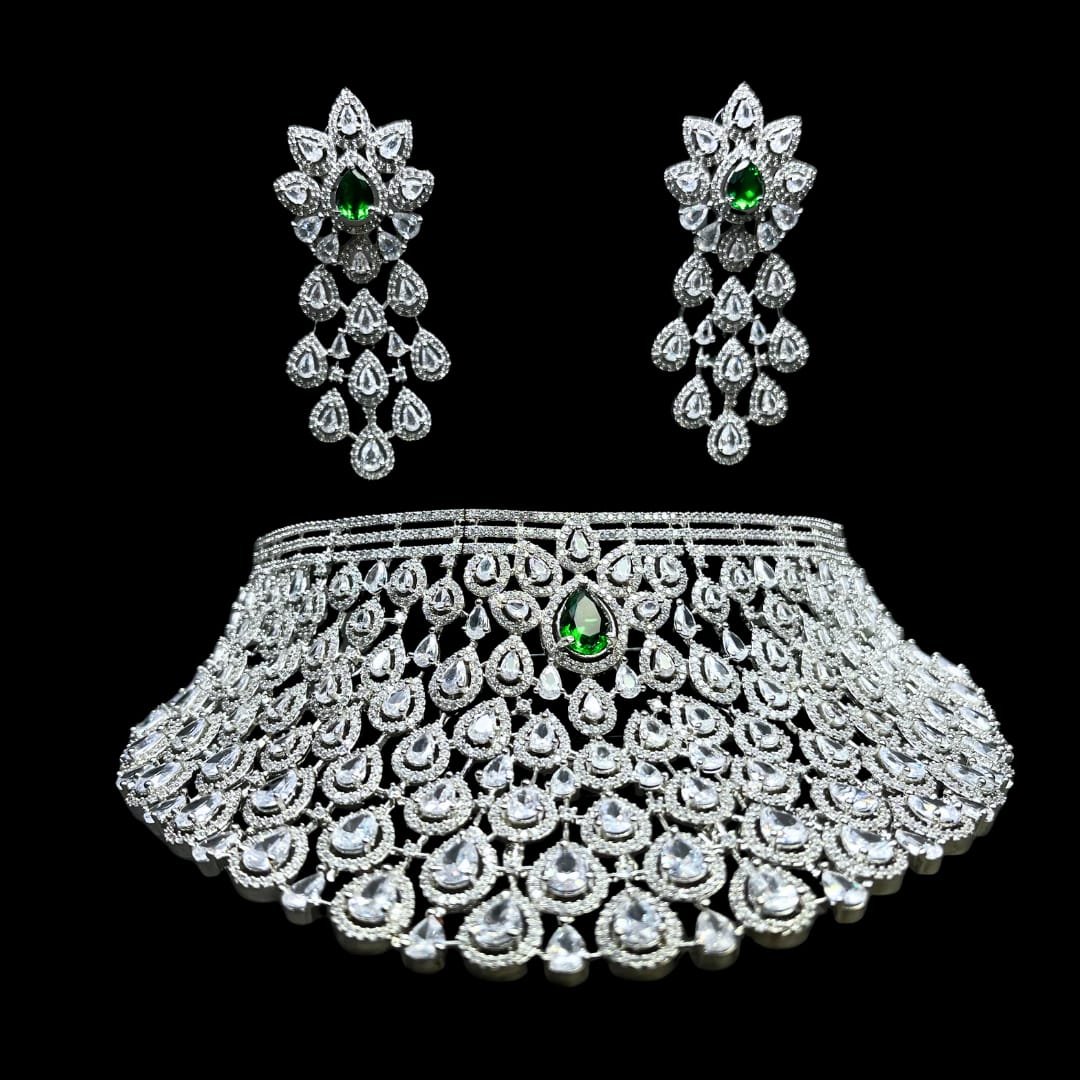 Grand Emerald green American Diamond Bridal Necklace Set with Earrings – Exquisite Wedding Jewelry