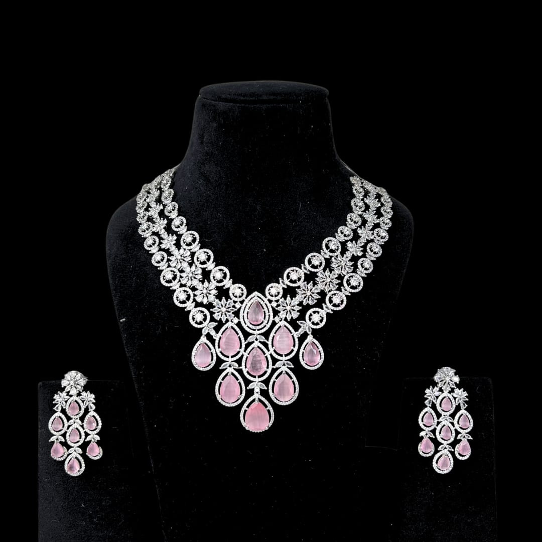 Radiant Pink and White American Diamond Necklace Set with Earring