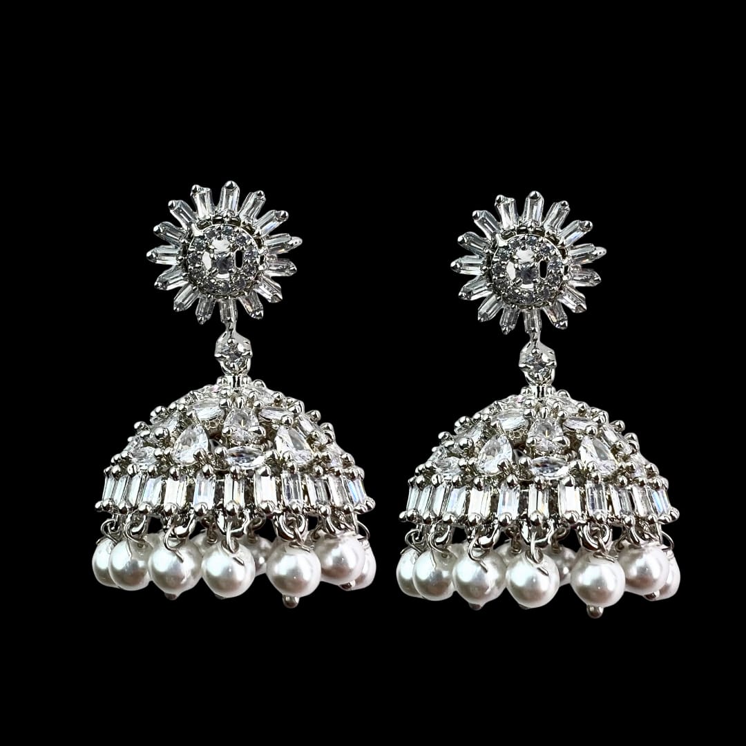 Dazzling Starburst American Diamond Jhumka with Pearl Drops – Bridal & Festive Wear