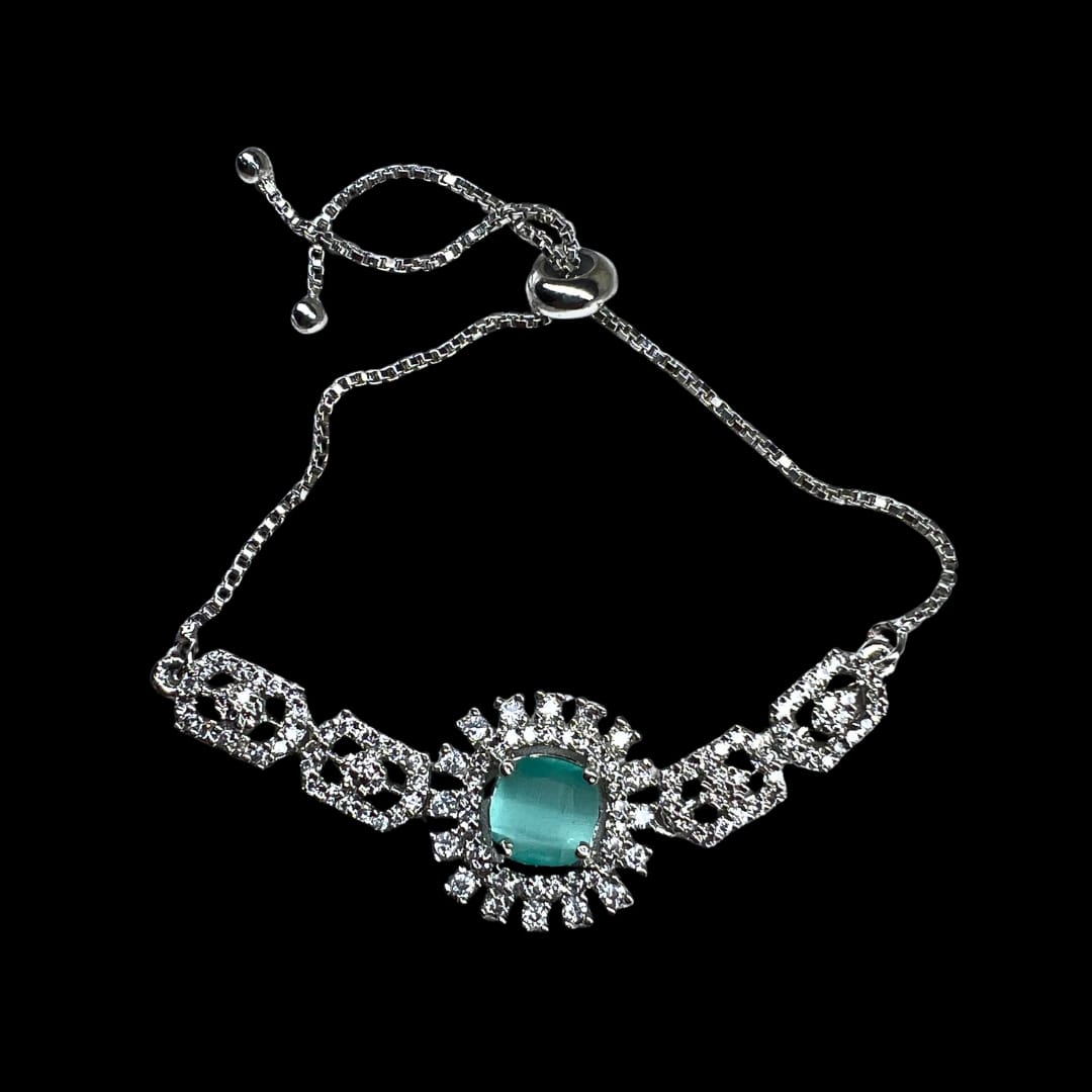 Sparkling American Diamond Bolo Bracelet with Mint Green Centerpiece