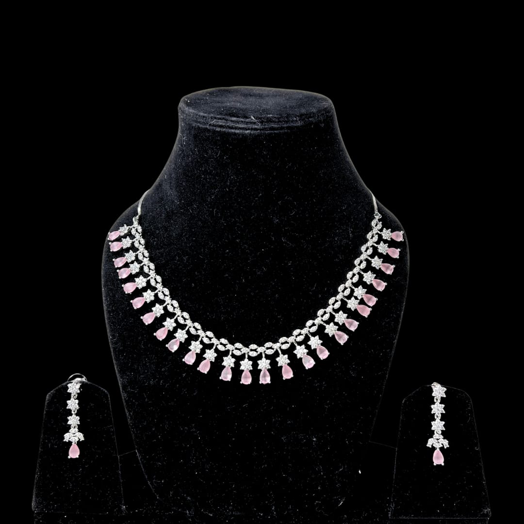 Exquisite American Diamond Necklace and Earrings Set with Pink Drops