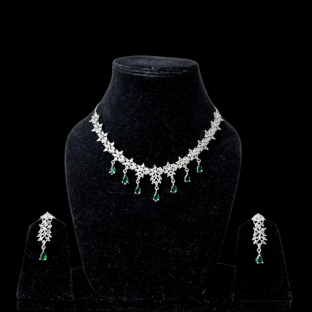 Delicate Floral American Diamond Necklace Set with Green Drops