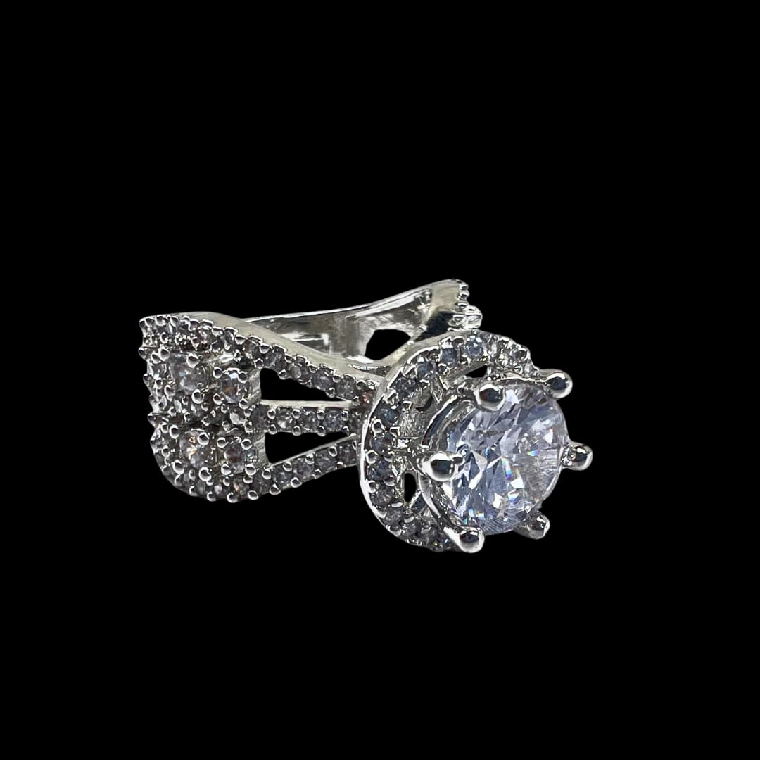 Exquisite American Diamond Halo Ring with Pave Split Shank Design
