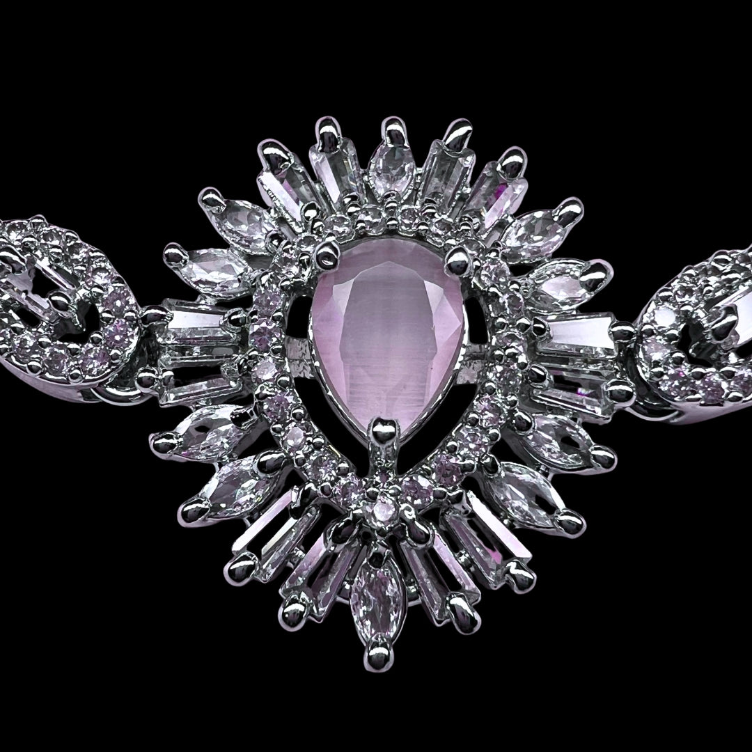 Exquisite AD America Diamond Oval Pink Gemstone Bracelet with Floral Accents and Adjustable Bolo Clasp