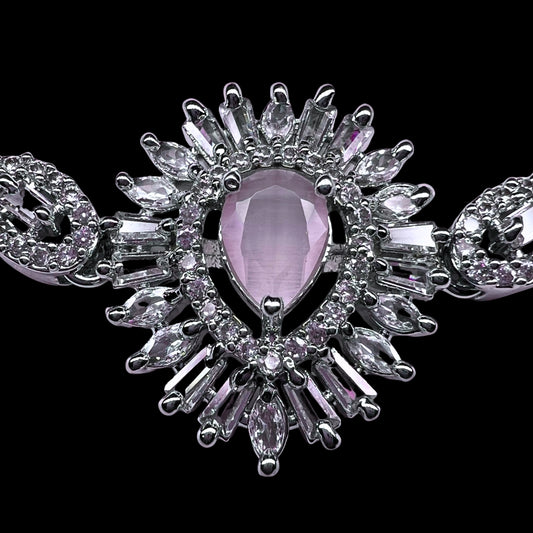 Exquisite AD America Diamond Oval Pink Gemstone Bracelet with Floral Accents and Adjustable Bolo Clasp