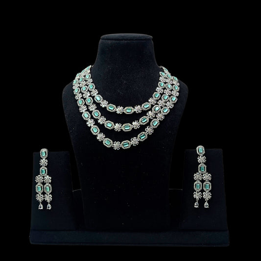 Three Layer Pastel Green AD Necklace Set with Earrings | Limited Piece