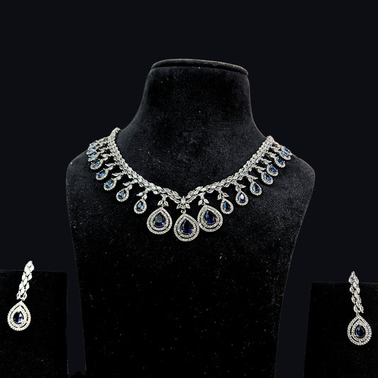 Dark Blue AD Necklace Set with Earrings | Elegant Party & Bridal Jewellery | Limited Piece