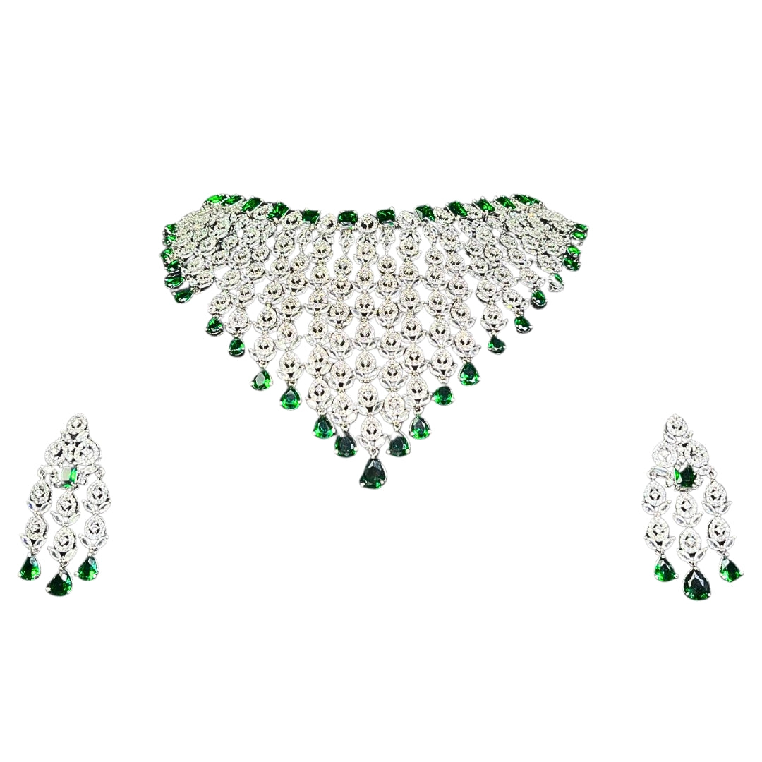 Bridal AD Necklace Set with Emerald Stones and Matching Earrings