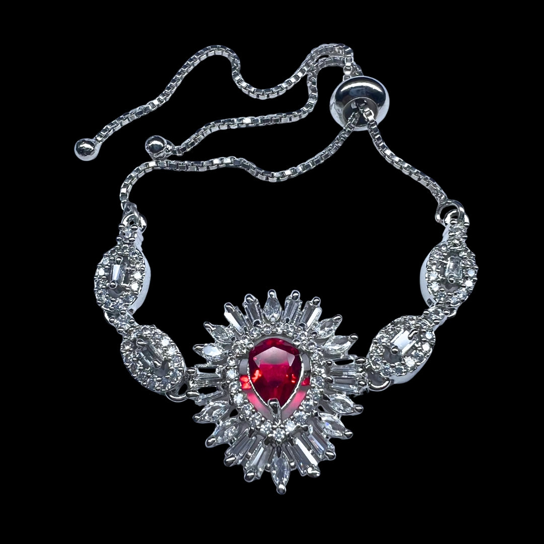 Exquisite AD American Diamond Bracelet with Ruby-Red Center Stone