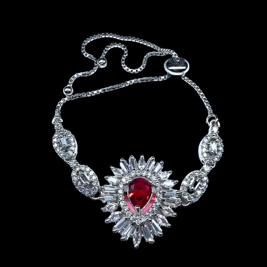 Exquisite AD American Diamond Bracelet with Ruby-Red Center Stone
