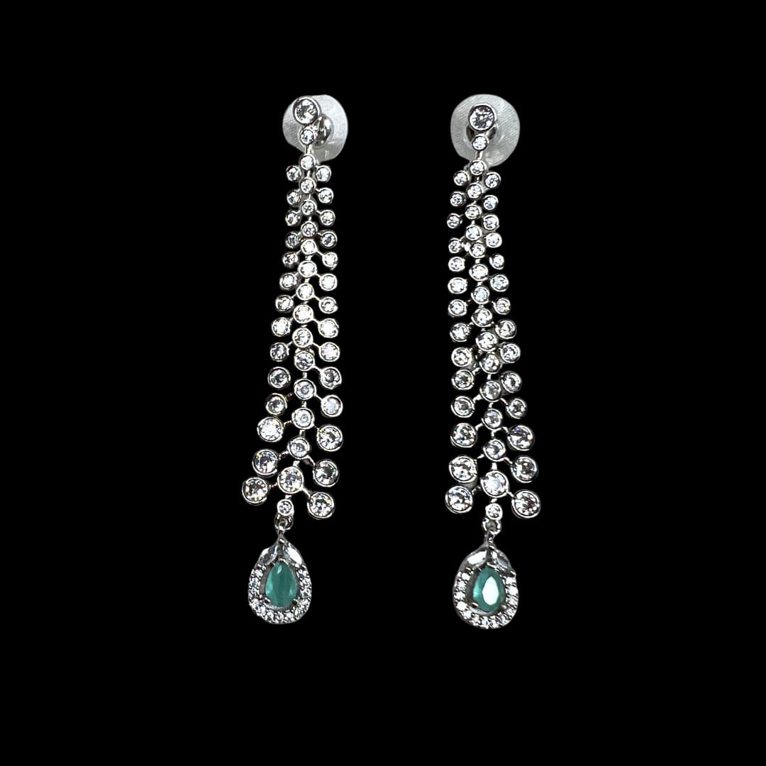 Elegant Cascading American Diamond Earrings with Mint Green Accents