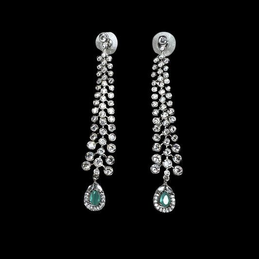 Elegant Cascading American Diamond Earrings with Mint Green Accents