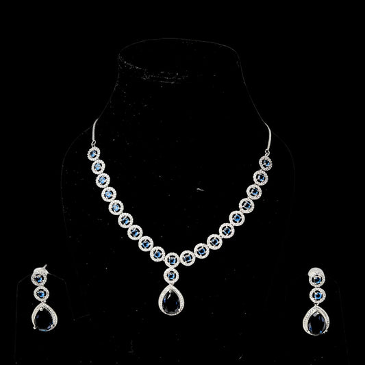 Majestic American Diamond Choker & Earrings Set with Deep Blue Drops