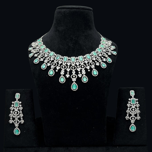 Pastel Green AD Necklace Set with Earrings | Bridal & Party Wear | Limited Piece