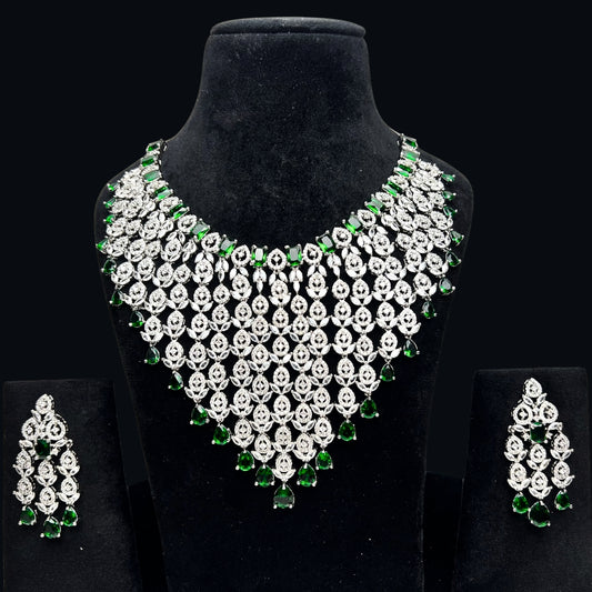 Bridal AD Necklace Set with Emerald Stones and Matching Earrings