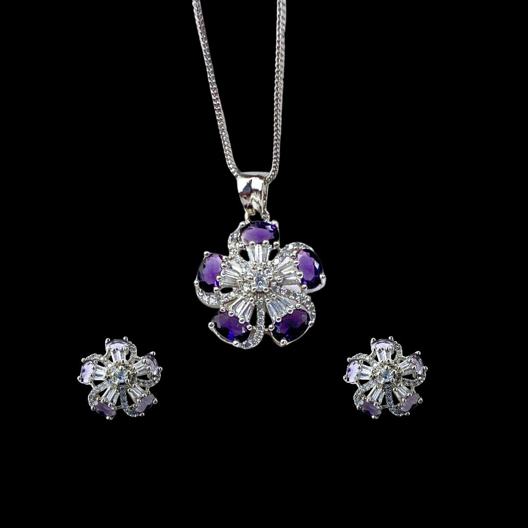 Elegant AD Jewelry with Purple Stones -Stunning American Diamond & Amethyst Floral Pendant and earring set