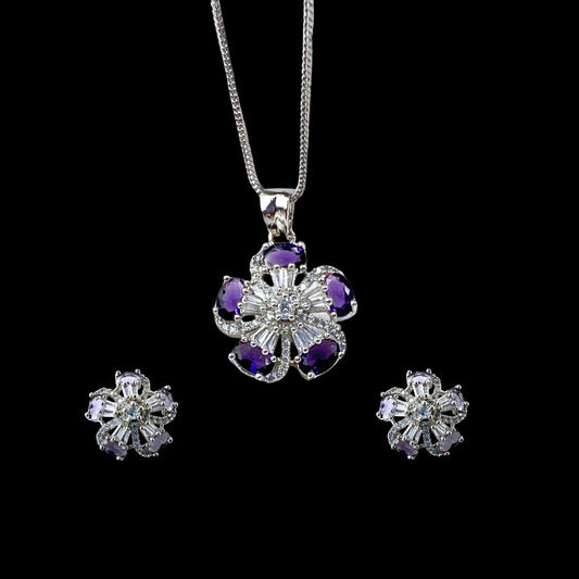 Elegant AD Jewelry with Purple Stones -Stunning American Diamond & Amethyst Floral Pendant and earring set