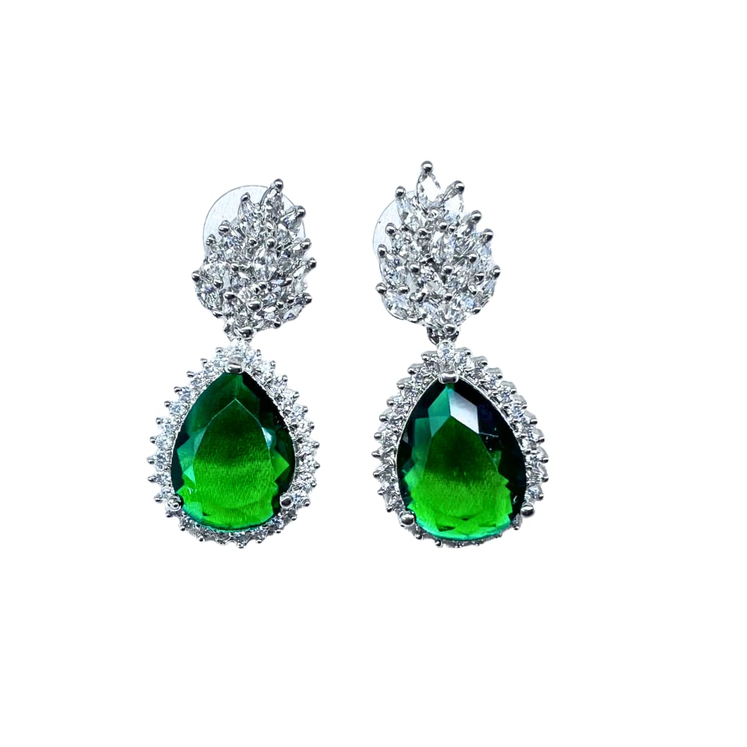 Emerald Green Teardrop AD Earrings – Glamorous Sparkle with Royal Charm