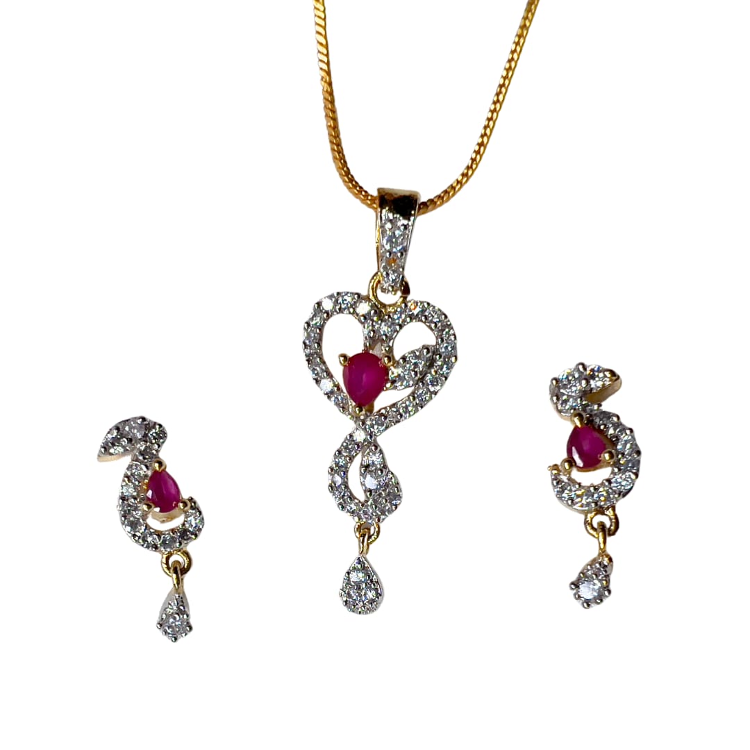 Exquisite AD American Diamond Pendant and Earring Set with Ruby pink Stones