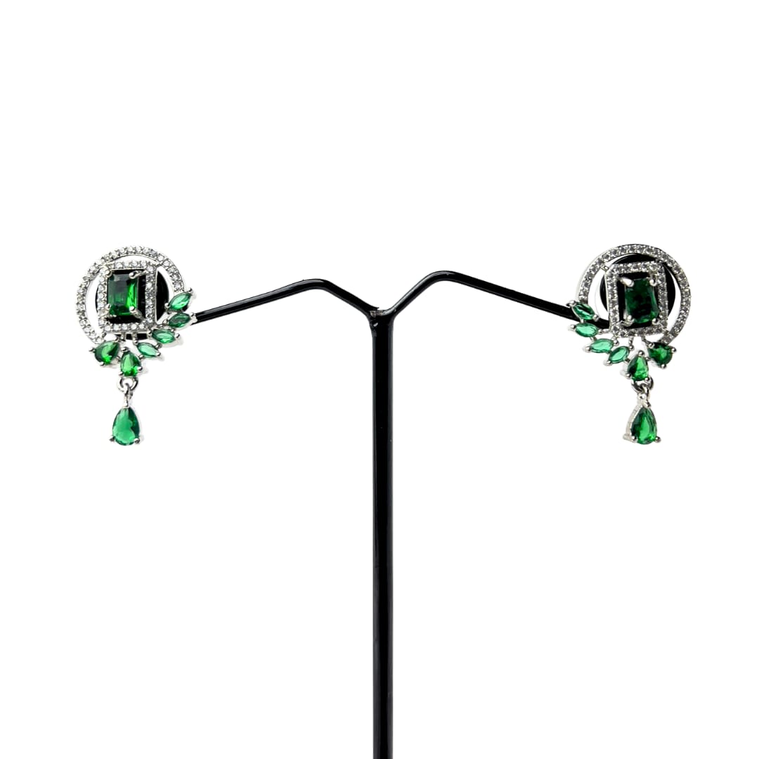 Dazzling Emerald Green & White AD Earrings – Modern Elegance for Party & Festive Wear