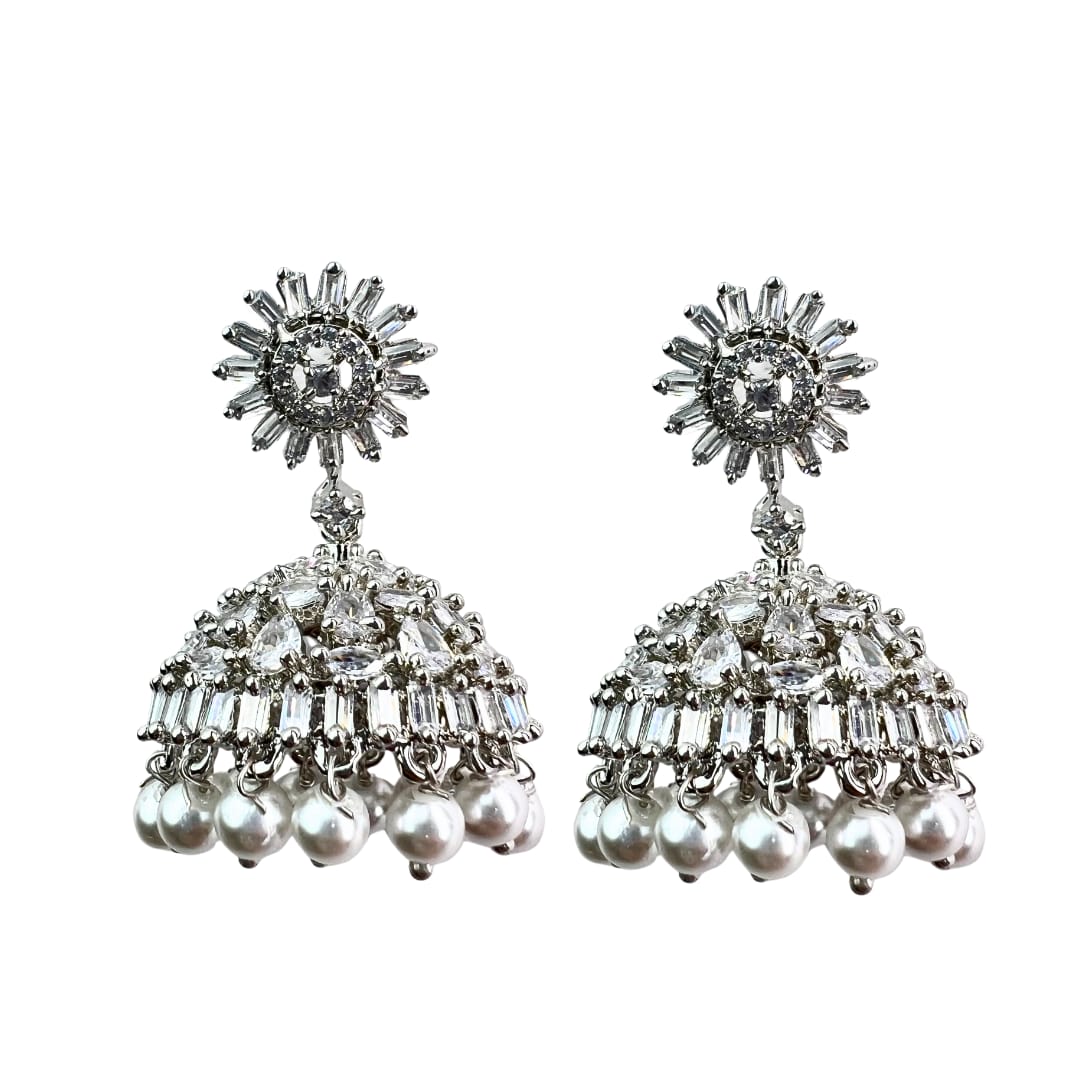 Dazzling Starburst American Diamond Jhumka with Pearl Drops – Bridal & Festive Wear