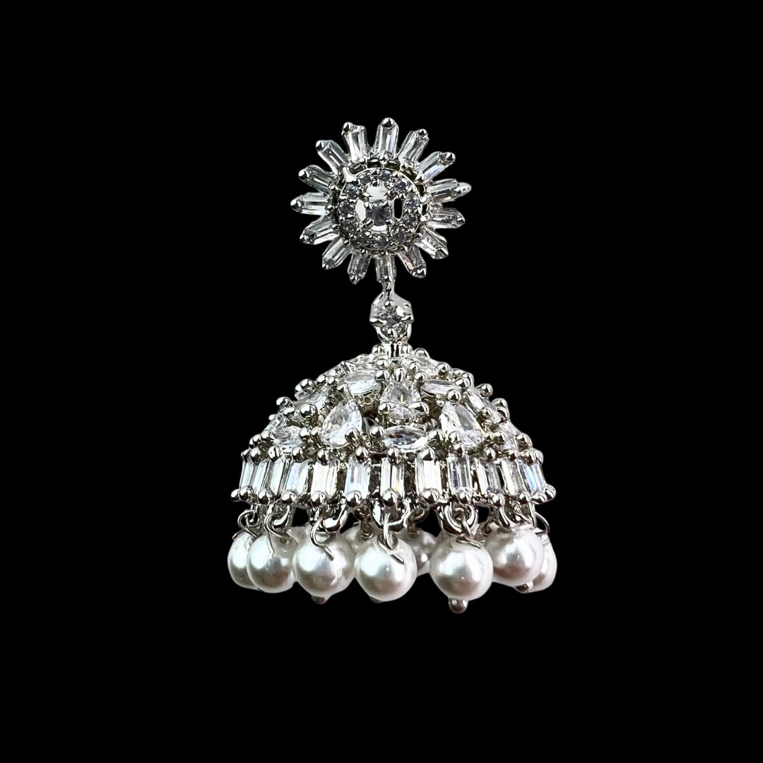 Dazzling Starburst American Diamond Jhumka with Pearl Drops – Bridal & Festive Wear