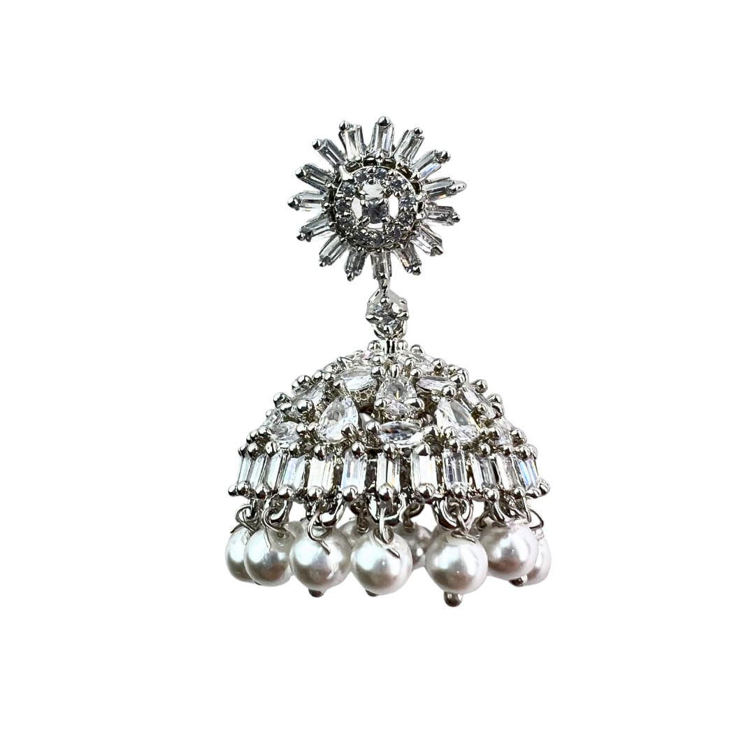 Dazzling Starburst American Diamond Jhumka with Pearl Drops – Bridal & Festive Wear