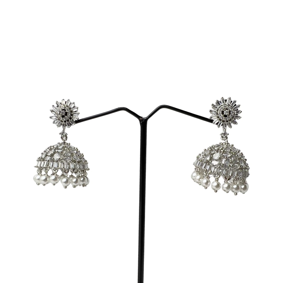 Dazzling Starburst American Diamond Jhumka with Pearl Drops – Bridal & Festive Wear