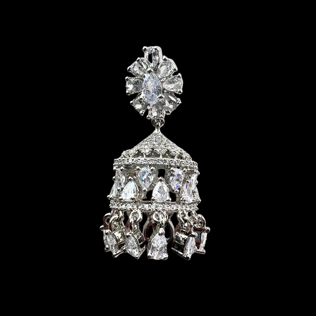 Silver & White American Diamond Jhumka with Floral Stud – Dazzling Party Wear