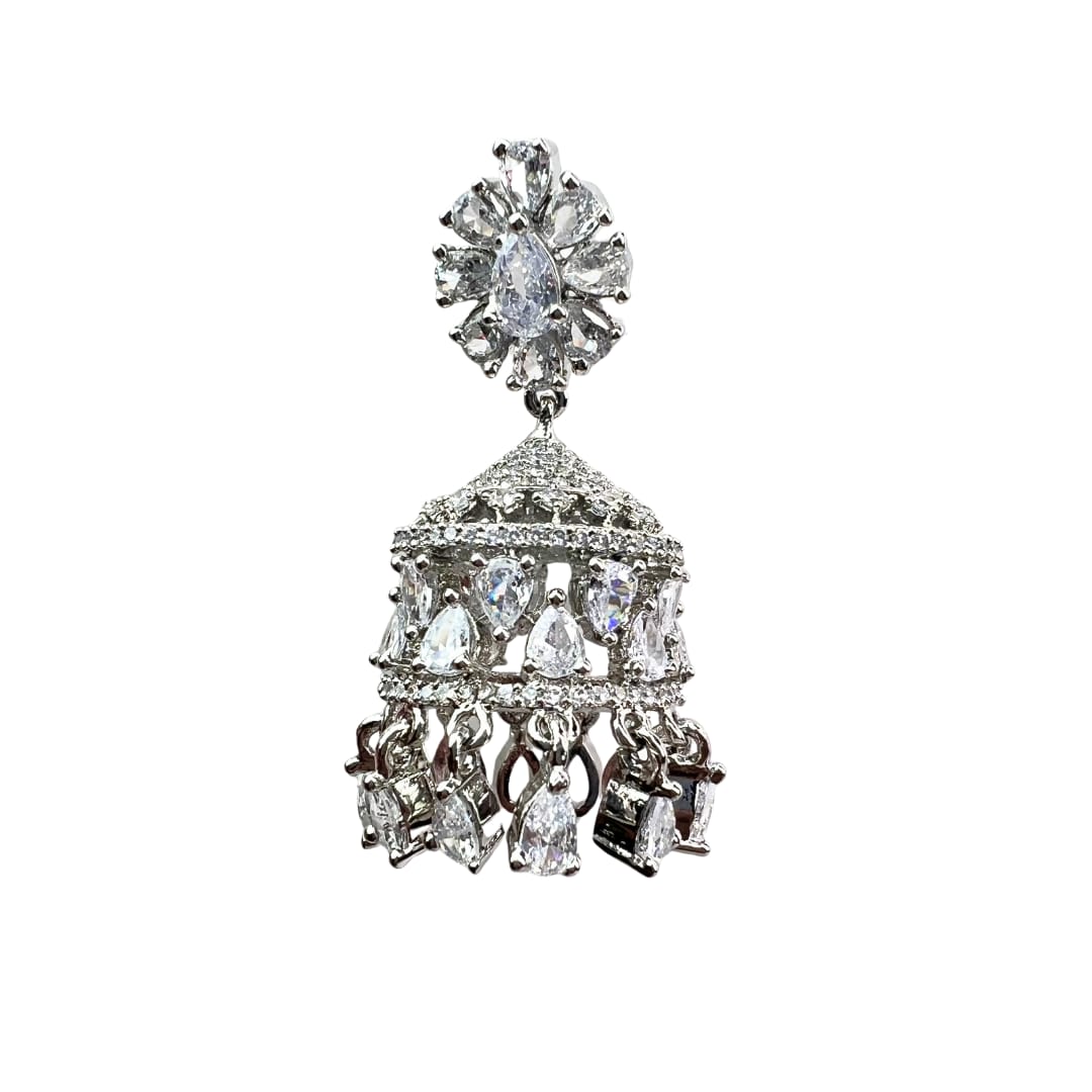 Silver & White American Diamond Jhumka with Floral Stud – Dazzling Party Wear