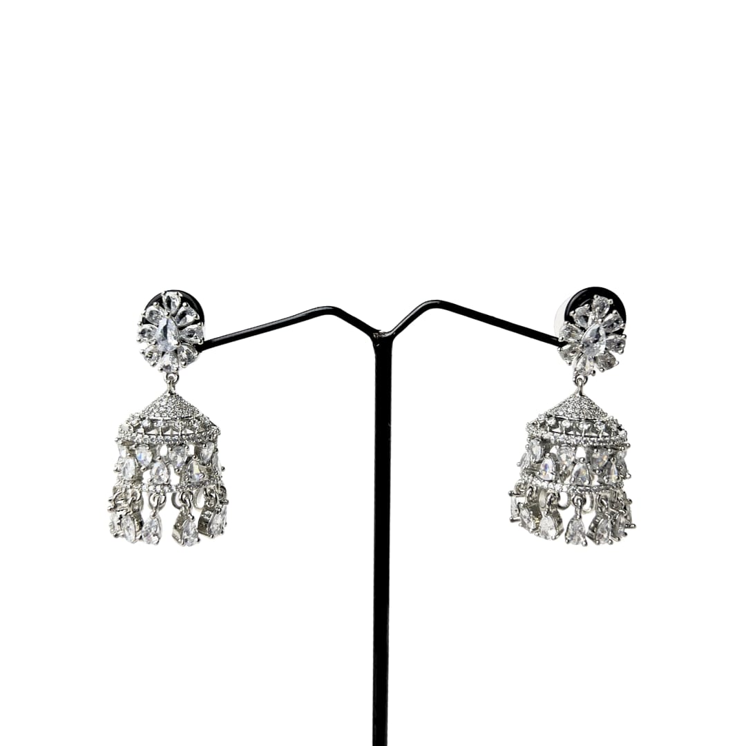 Silver & White American Diamond Jhumka with Floral Stud – Dazzling Party Wear