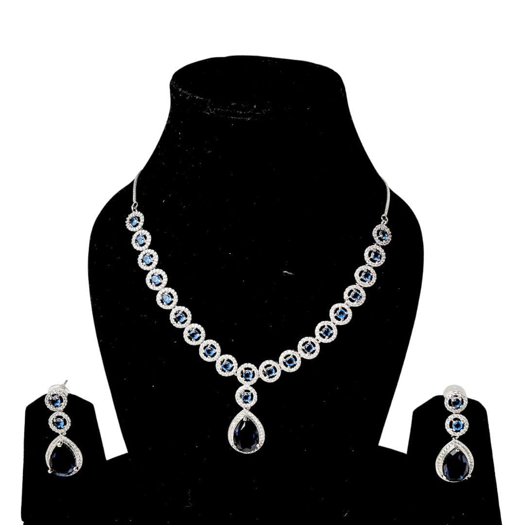 Majestic American Diamond Choker & Earrings Set with Deep Blue Drops