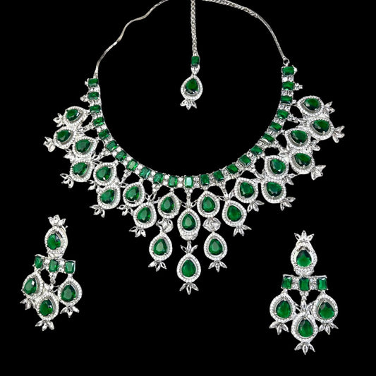 Glamorous Green American Diamond Necklace with mangteeka and earring set