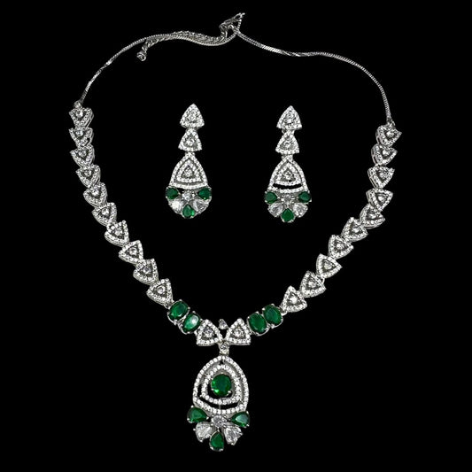 Elegant Green American Diamond Necklace and Earrings Set