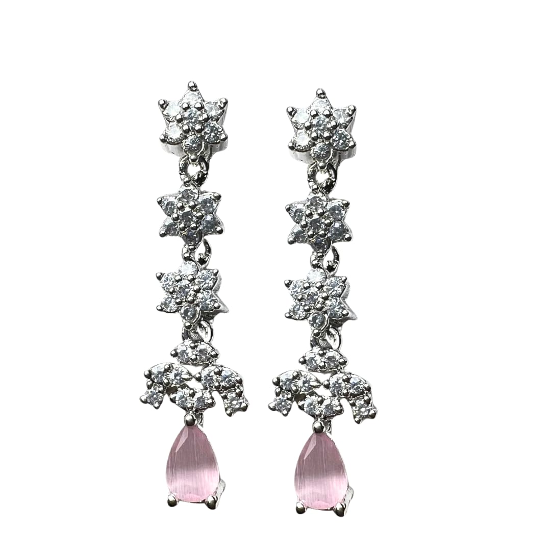 Exquisite American Diamond Necklace and Earrings Set with Pink Drops